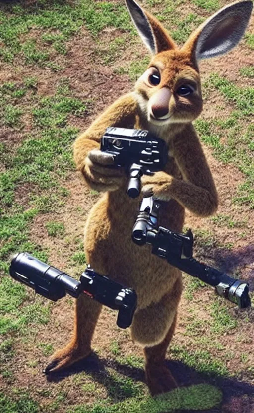 Image similar to “kangaroo in the style of the movie zootopia holding a laser gun and pointing it at the the camera”