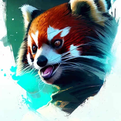 Image similar to red panda as apex legends character, digital illustration portrait design, by android jones and greg rutkowski, retrowave color scheme, detailed, cinematic lighting, wide angle action dynamic portrait