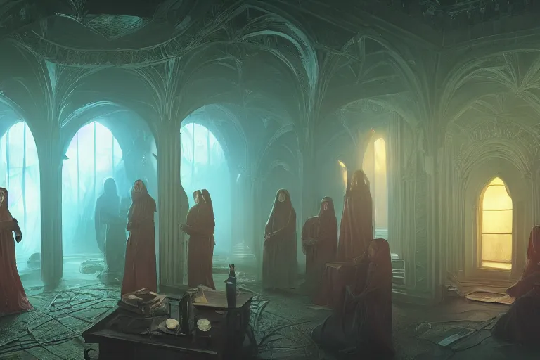 Image similar to cultist secret meeting taking place in a basement of a victorian mansion. incredible voluminous indirect soft glow cinematic lighting, hyperdetailed features, movie still, intricate, octane render, unreal engine, crepuscular rays, god rays, by beeple and rhads and donato giancola