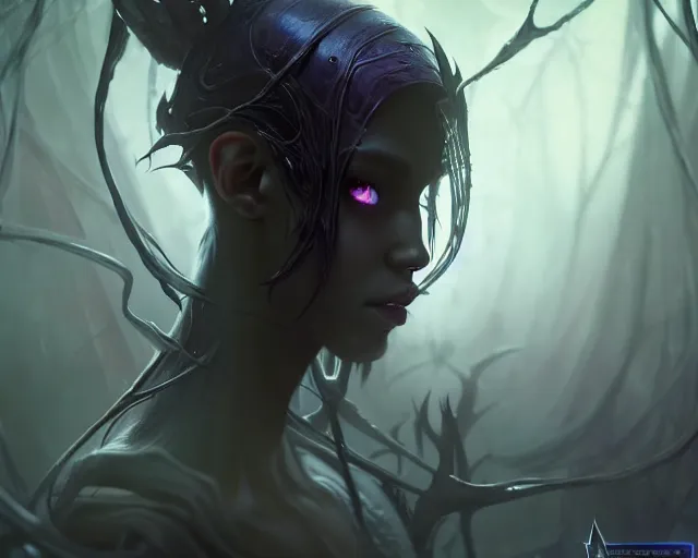 Image similar to a 4 k cinematic screenshot still portrait of a dark elf in a dark liminal space room surrounded by spider webs, deep focus, d & d, fantasy, intricate, elegant, highly detailed, digital painting, art station, concept art, matte, sharp focus, illustration, dark fantasy style art, hearthstone, art by artgerm and greg rutkowski and alphonse mucha