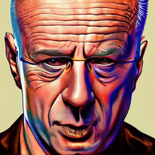 Prompt: a detailed painting of robert deniro poorly disguised as bruce willis by Junji ito and Lisa frank, vivid color scheme, artstation,8k,artstationHD,artstationHQ, cinematic, diffuse lighting