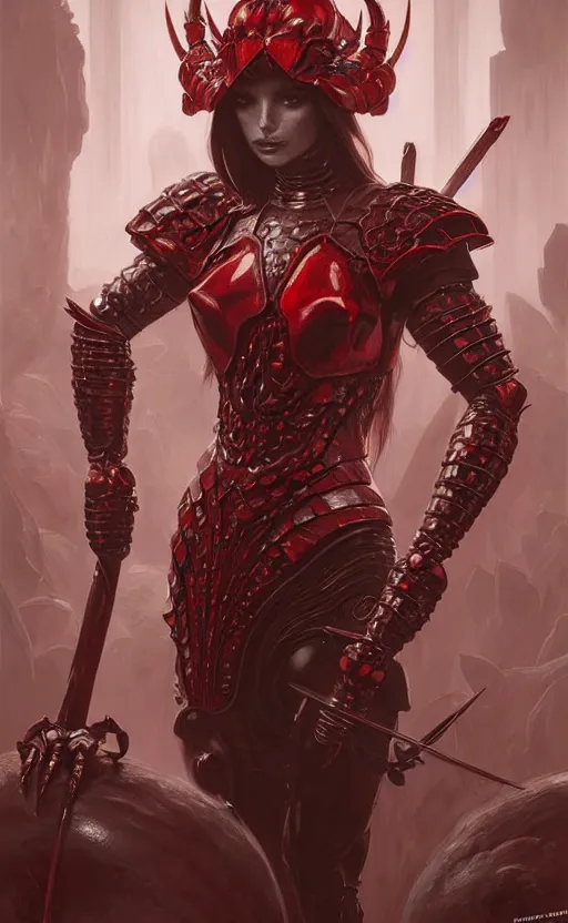 Image similar to Gothic crustacean muscular warrior queen in red and white chitin armor of thick steel plates, fantasy, highly detailed, digital painting, artstation, concept art, smooth, sharp focus, illustration, art by artgerm and greg rutkowski and alphonse mucha