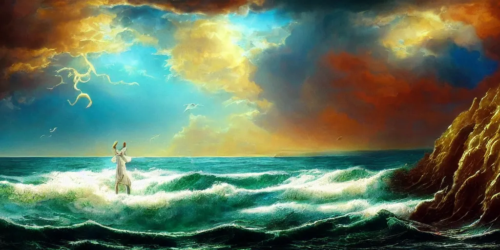 Image similar to If our mouths where filled of praise like the sea, and our tongues joy like it’s manny waves we could never reach Your praise, surrealism, musical notes, beautiful sea landscapes, Very colorful painting 8k trending on art station, Intricate details, very realistic, cinematic lighting, volumetric lighting,