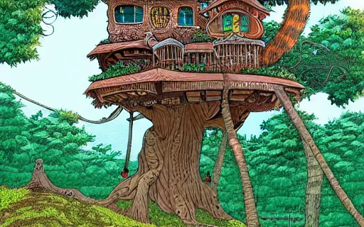 Prompt: an intricate treehouse in the style of studio Ghibli, 4k