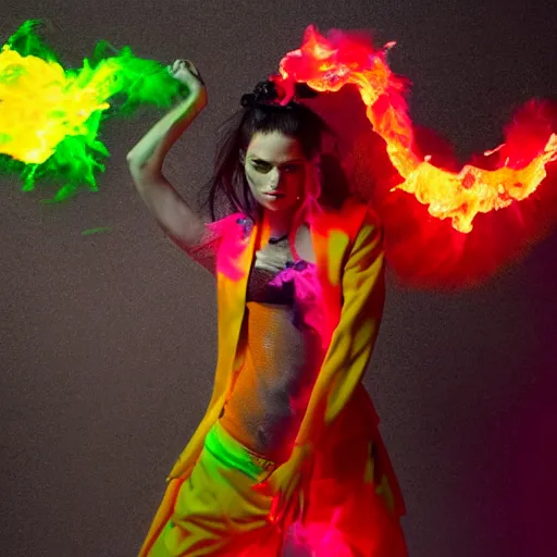 Image similar to rage dance, anger rave, fiery colors, music blasting, in high fashion photoshoot,