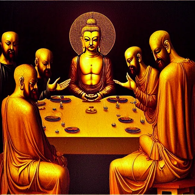 Image similar to a beautiful painting cyberpunk gold buddha the last supper, by leonardo da vinci realistic oil painting