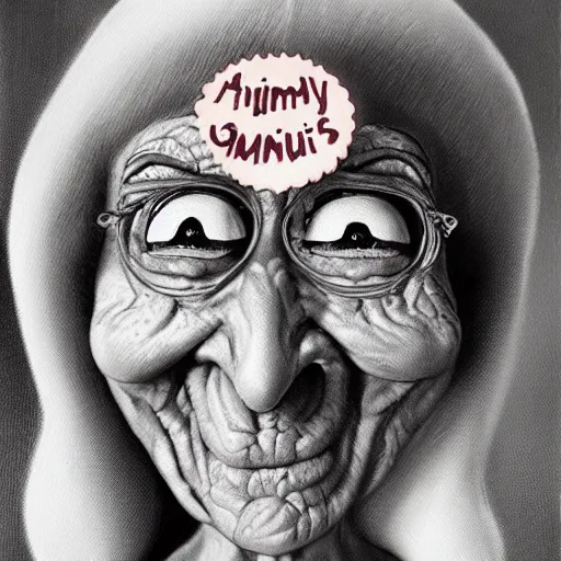 Image similar to beautiful lifelike painting of my name is grandma personas and i will not settle for these poorly made muffins, hyperreal detailed facial features and uv lighting, art by ed roth and basil wolverton