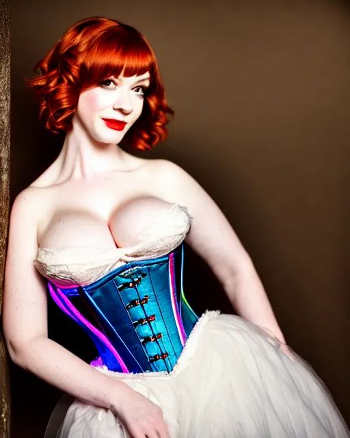 Image similar to perfectly - centered!! looking at the camera!!! full body photograph of young christina hendricks wearing a corset, bright lighting, godrays, intricate abstract upper body, zeiss lens, cinematic lighting, sharp focus, bokeh, smooth, filmstill, photography, hyper realism, iridescent accents