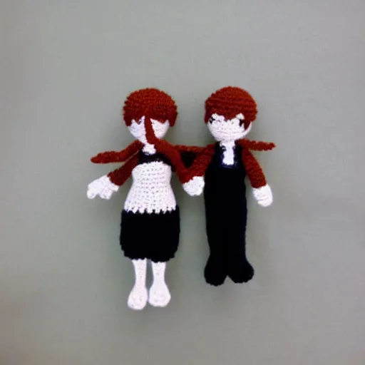 Prompt: the famous i'm flying Jack scene from titanic except with knitted crochet dolls as Jack and Rose