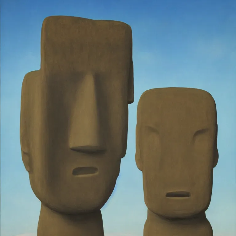 Image similar to portrait of a faceless moai - head man in a suit, clouds in the background, by rene magritte, detailed painting, distance, middle centered, hd, hq, high resolution, high detail, 4 k, 8 k