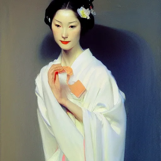 Image similar to yanjun cheng portrait of a beautiful geisha android by norman rockwell, bouguereau