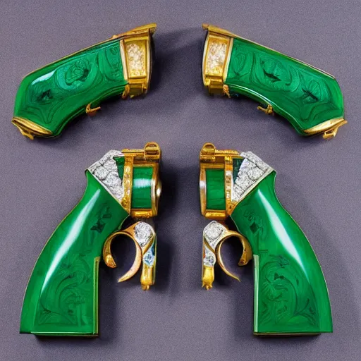 Image similar to an elegant set of dueling pistols decorated made from from giant carved rubies, diamonds and emeralds