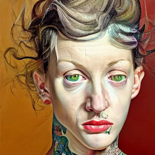 Image similar to high quality high detail painting by lucian freud, hd, exaggerated portrait of punk tattooed girl, photorealistic lighting