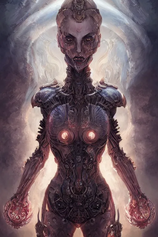 Image similar to Ethereal Flame Goddess wearing Biomechanical Armor Imbued with Water Runes, digital art, fantasy, magic, professional illustration by Seb McKinnon, WLOP, and artgerm, illustration