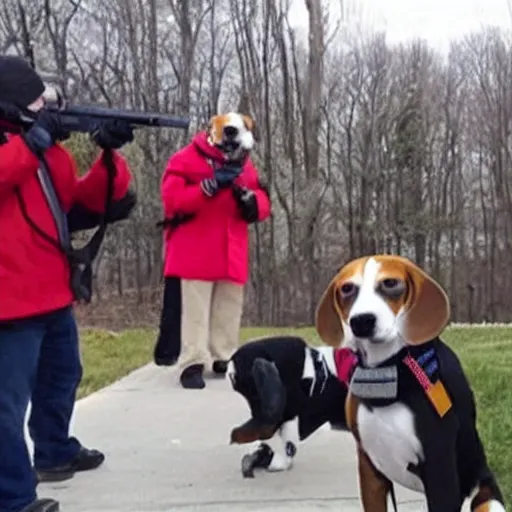 Prompt: beagles getting shot by a trump supporter