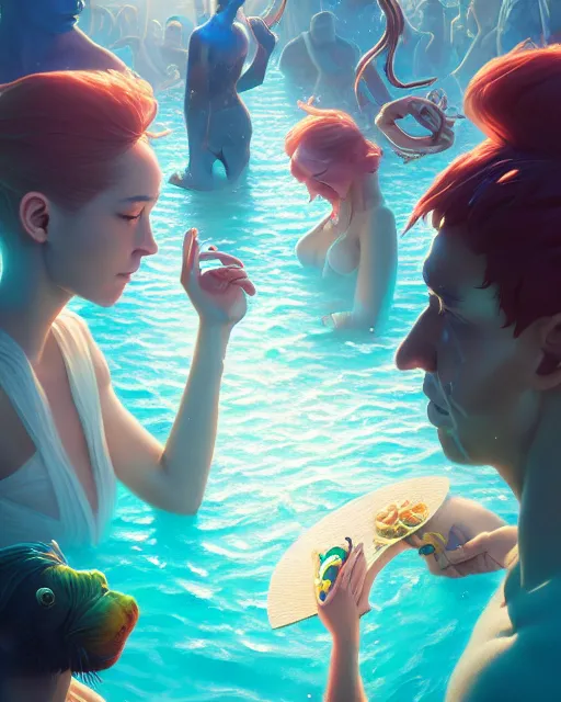 Image similar to highly detailed surreal vfx portrait of a pasta pool party, stephen bliss, unreal engine, greg rutkowski, loish, rhads, beeple, makoto shinkai and lois van baarle, ilya kuvshinov, rossdraws, tom bagshaw, global illumination, detailed and intricate environment