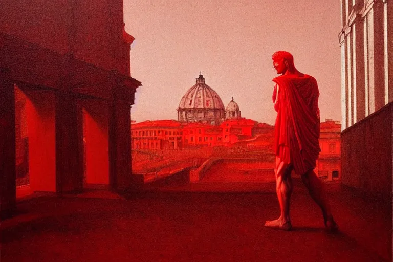 Image similar to only with red, caesar after war, a red tiger, in hoc signo vinces, rome in background, an ancient path, in the style of beksinski, part by hopper, part by rodcenko, part by hofbauer, intricate composition, red by caravaggio, insanely quality, highly detailed, masterpiece, red light, artstation