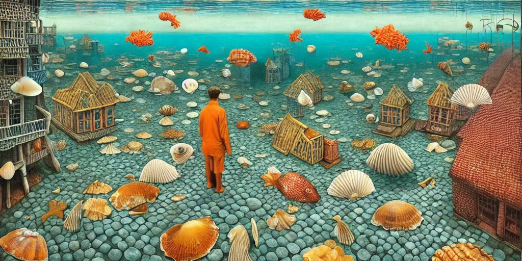 Prompt: man in the swimming suit walks down the street in the underwater city inside!! the seashell, seaweed, corals, carps, koi fish, small scandinavian!!! houses!!!, by jacek yerka by levitan, surrealistic painting, masterpiece, oil painting, sharp focus, highly detailed, intricate, smooth, 8 k,