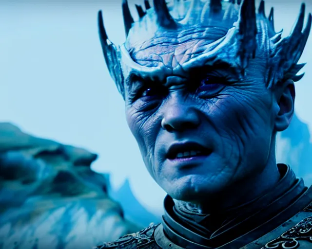 Image similar to justin sun as night king in game of thrones versus huge bee, 4 k, epic, cinematic, focus, movie still, fantasy, extreme detail, atmospheric, dark colour, sharp focus