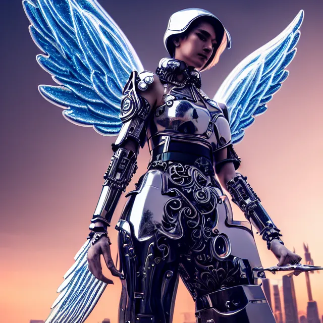 Image similar to beautiful!! futuristic cyberpunk angel warrior with ornate slick pearl armor, highly detailed 8 k hdr smooth sharp focus high resolution award - winning photo photorealistic