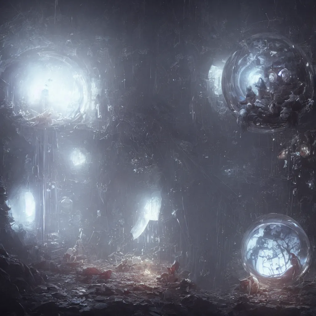 Image similar to a tiny world inside a crystal ball by greg rutkowski, sung choi, mitchell mohrhauser, maciej kuciara, johnson ting, maxim verehin, peter konig, bloodborne, 8 k photorealistic, cinematic lighting, hd, high details, dramatic, dark atmosphere, trending on artstation