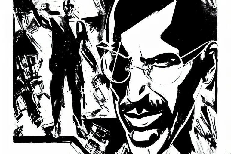 Prompt: steve jobs presenting the imac, a page from cyberpunk 2 0 2 0, style of paolo parente, style of mike jackson, adam smasher, johnny silverhand, 1 9 9 0 s comic book style, white background, ink drawing, black and white