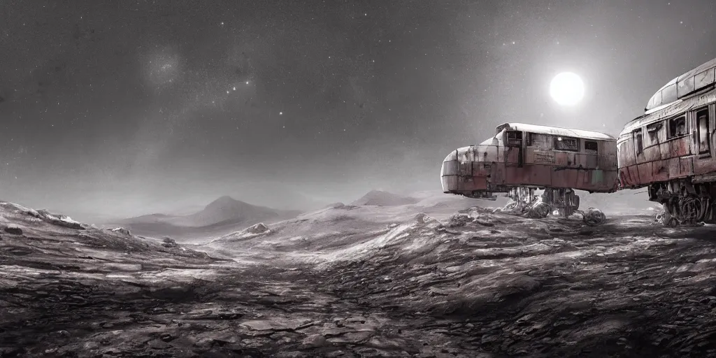 Prompt: digital art, trending on artstation, an old broken train on the moon, lunar landscape, moody