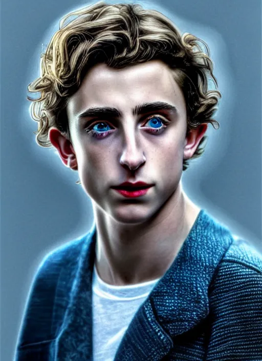 Image similar to hyperrealistic close-up TIMOTHEE CHALAMET with long BLONDE hair & blue eyes! highly detailed concept art eric zener elson peter cinematic hard blue lighting high angle hd 8k sharp shallow depth of field, inspired by David Paul Cronenberg and Zdzisław Beksiński