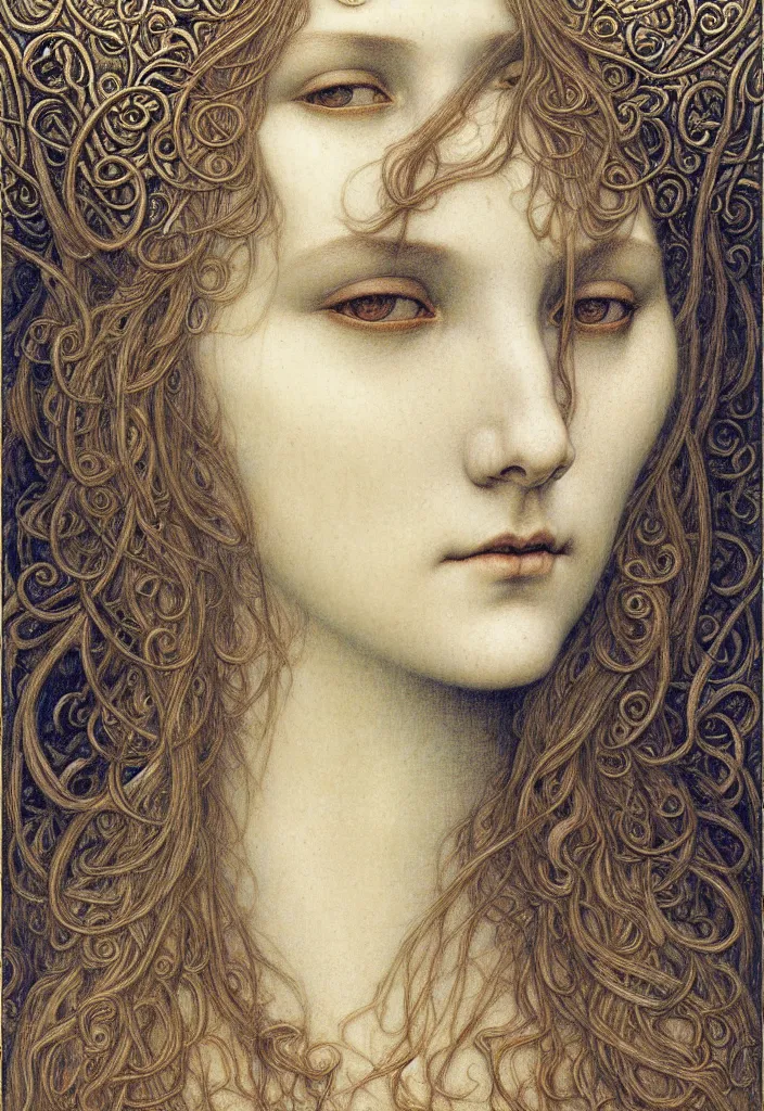 Image similar to detailed realistic beautiful young medieval queen face portrait by jean delville, gustave dore and marco mazzoni, art nouveau, symbolist, visionary, gothic, pre - raphaelite. horizontal symmetry