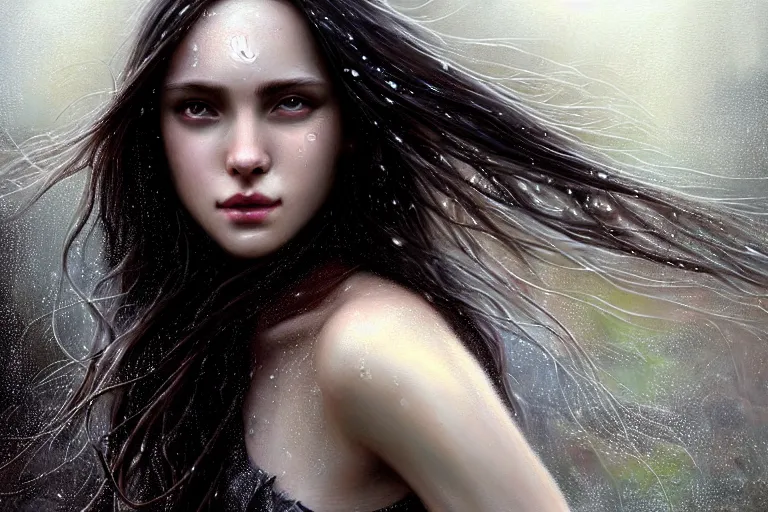 Image similar to highly detailed portrait of a beautiful girl running in rain with wet dark hair and pale face, fantasy, intricate, elegant, dramatic lighting, emotionally evoking symbolic metaphor, highly detailed, lifelike, photorealistic, digital painting, artstation, concept art, smooth, sharp focus, illustration, art by John Collier and Albert Aublet and Krenz Cushart and Artem Demura and Alphonse Mucha