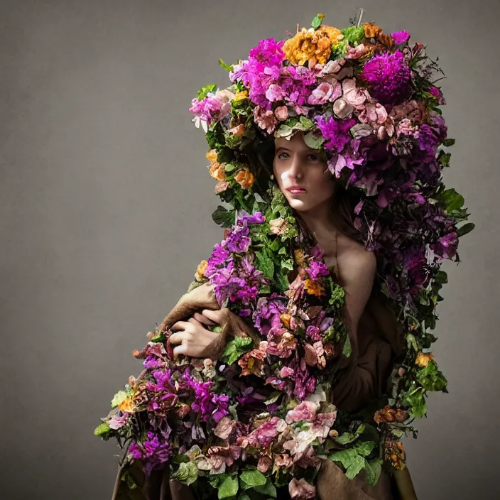 Prompt: a chimera wearing a cloak made of flowers, by Omar Z. Robles, CANON Eos C300, ƒ1.8, 35mm, 8K, medium-format print