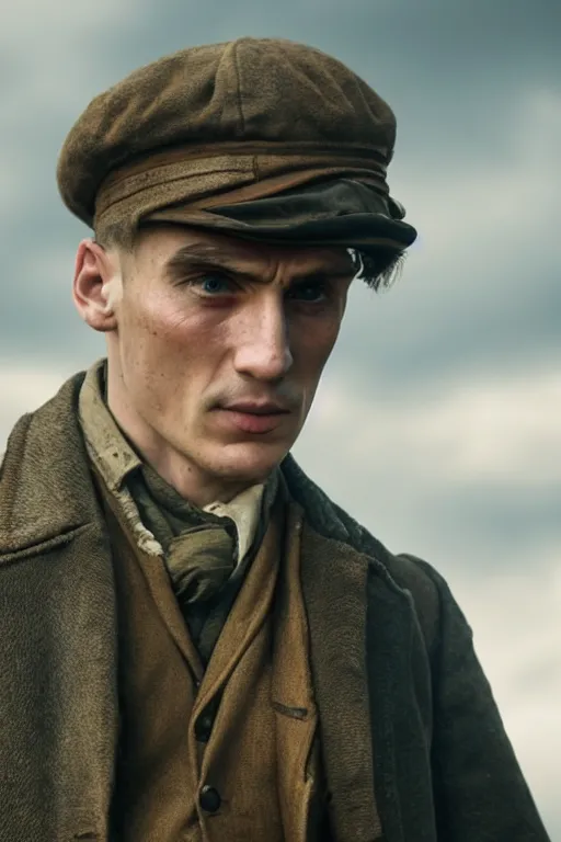 Image similar to a portait photo of Thomas Shelby in a battlefield, epic image, path tracing, complementary colours, high quality, 4k HDR, dramatic lighting, cinematic, highly detailed, high coherence, dedined face, anatomically correct, five fingers, war, cold environment