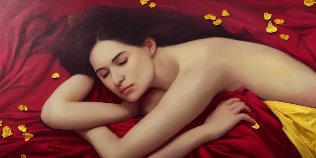 Image similar to beautiful oil matte portrait painting, young woman with closed eyes lying on a red bed sheet wearing a mustard yellow dress covered in rose petals, detailed face, wonderful masterpiece highly detailed, beautiful cinematic light deep focus, elegant, digital painting, smooth, sharp focus, golden ratio, dramatic illumination, ultra realistic, 8 k, art by jimmy law