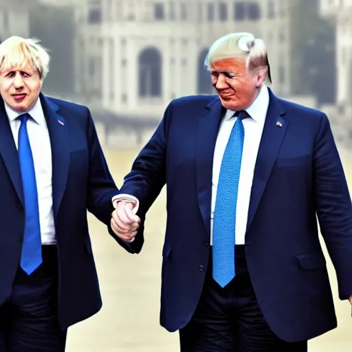 Image similar to boris johnson and vladimir putin and donald trump holding hands, raining dollars, 4 k, dslr photo, realistic, accurate