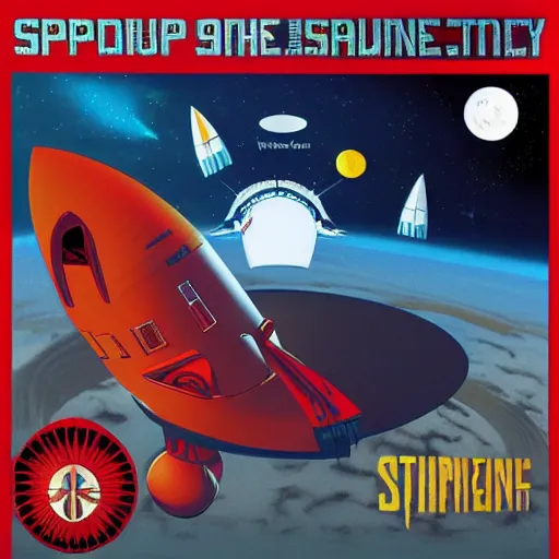 Image similar to spaceship album art, cover art, poster, rocket, queen, journey, starship band