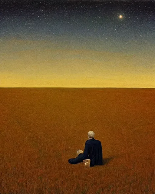 Prompt: man sitting in a huge field star filled night sky, by bo bartlett, wide angle, surreal