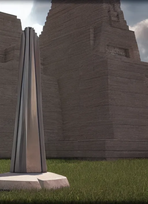 Image similar to highly detailed realistic architecture 3 d render of a futuristic stele monument in frank lloyd wright style standing in city park, archdaily, made in unreal engine 4 octane render