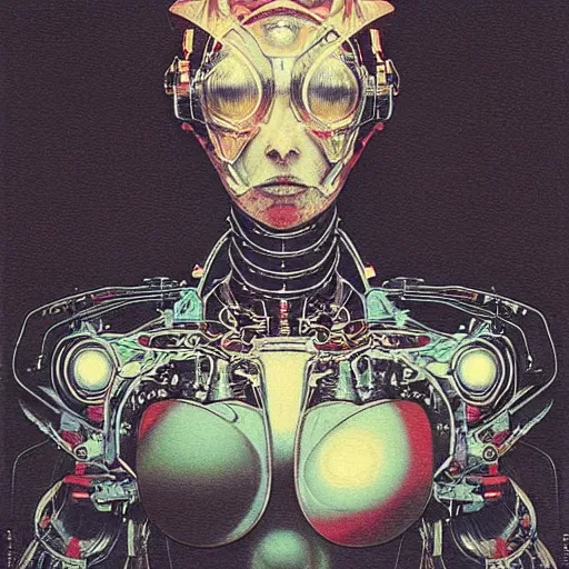 Image similar to “ a simple sci - fi concept art portrait of a sleek robot design, a highly detailed yoshitaka amano painting, by adrian ghenie and gerhard richter. art by takato yamamoto. masterpiece, deep colours. ”