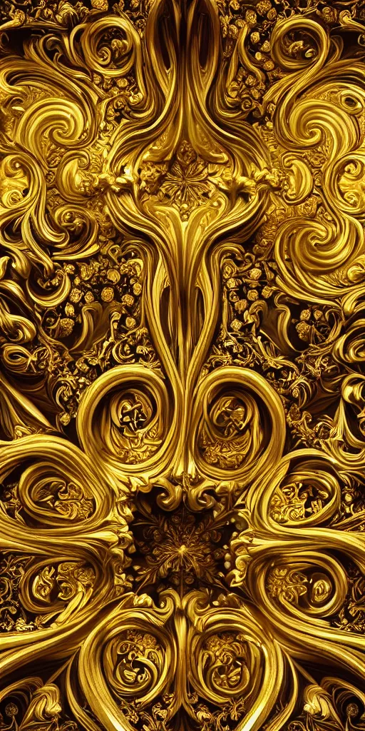 Image similar to the source of future growth dramatic, elaborate emotive Golden Baroque and Rococo styles to emphasise beauty as a transcendental, seamless pattern, symmetrical, large motifs, sistine chapel ceiling, 8k image, supersharp, spirals and swirls, Gold black rainbow and white colors, perfect symmetry, 3D, no blur, sharp focus, photorealistic, insanely detailed and intricate, cinematic lighting, Octane render, epic scene, 8K