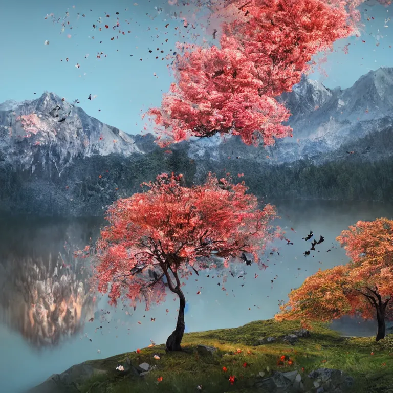 Image similar to a beautiful awesome artistic tree with falling flowers like leaves and many birds, all in the amazing outdoors view, mountain in the background, lake, long exposure, 8 k resolution, trending on artstation