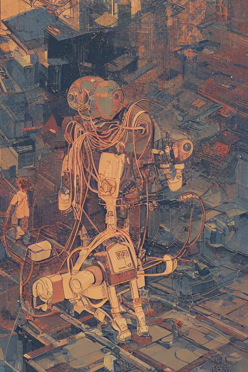 Prompt: a boy fixing his robot. high angle. oil on canvas. by Victo Ngai and by Moebius.