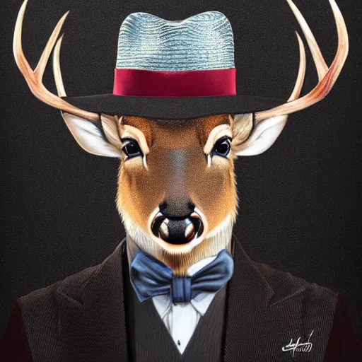 Image similar to a upper body portrait of a deer in a pinstriped suit and pants wearing a fedora with the antlers sticking out of the fedora by artgerm and wlop, intricate detail, digital art, photorealistic, trending on artstation