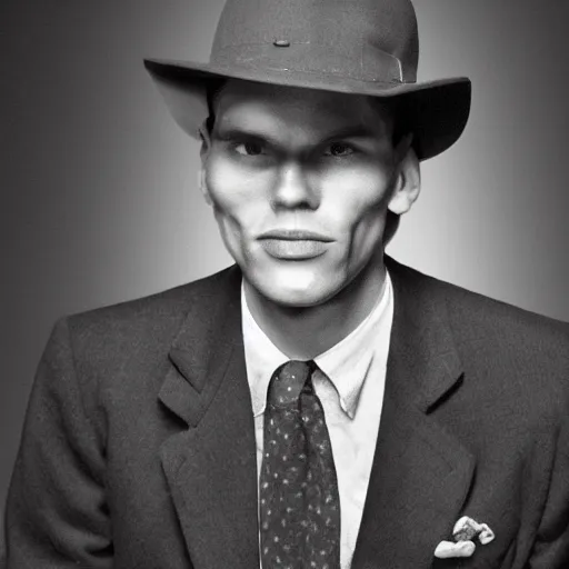 Image similar to A photograph portrait of Jerma985 wearing a suit with and fedora in the 1950s, taken in the early 1950s, grainy, taken on a 1950s Kodak Camera, realistic, hyperrealistic, very realistic, highly detailed, very detailed, extremely detailed, detailed, digital art, trending on artstation