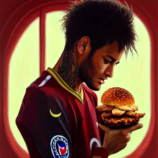 Prompt: Neymar eating a KFC zinger, closeup, giant zinger, D&D, fantasy, intricate, elegant, highly detailed, digital painting, artstation, concept art, matte, sharp focus, illustration, art by Artgerm and Greg Rutkowski and Alphonse Mucha