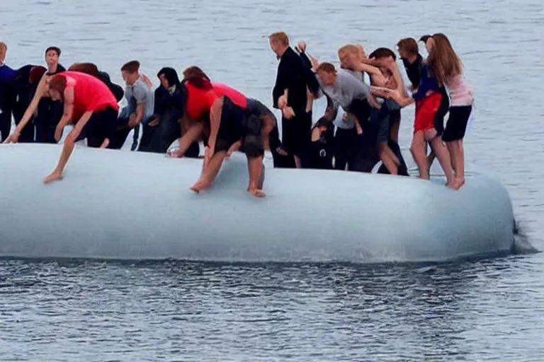 Image similar to Teenagers push Rolls-Royce into lake with their hands from a small slide wanting to drown him