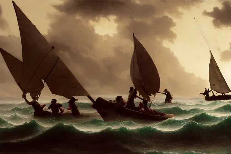 Image similar to ancient historically accurate depiction of Bible Character walking on water during a storm, a small fishing sailboat with scared sailors on board, dramatic lighting by frank miller, illustration by Ruan Jia and Mandy Jurgens and William-Adolphe Bouguereau, Artgerm, 4k, digital art, surreal, space dandy style, highly detailed, godsend, artstation, digital painting, concept art, smooth, sharp focus, illustration by Ruan Jia and Mandy Jurgens and William-Adolphe Bouguereau, Artgerm