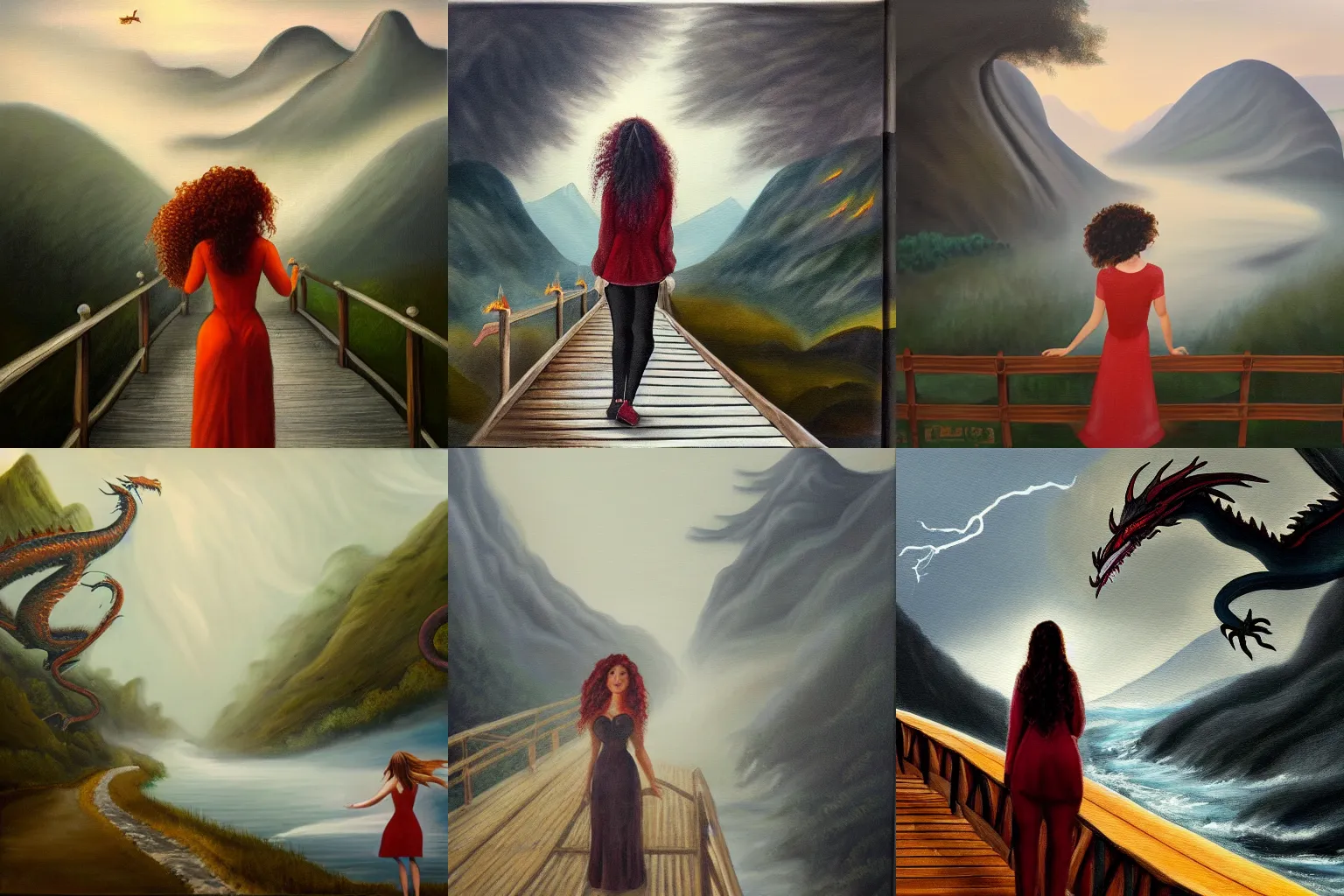 Prompt: a painting of a woman with curly long redhair standing in a boardwalk besides a river looking at a dragon flying out of the mountains in a fog during a thunderous weather