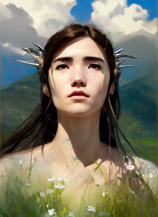 Image similar to portrait of Princess Mononoke, countryside near forest, calm, fantasy character portrait, dynamic pose, above view, sunny day, thunder clouds in the sky, artwork by Jeremy Lipkin and Giuseppe Dangelico Pino and Michael Garmash and Rob Rey, very coherent asymmetrical artwork, sharp edges, perfect face, simple form, 100mm