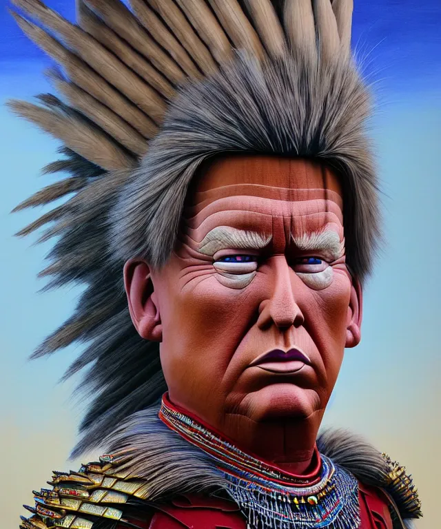 Prompt: hyperrealistic mixed media painting of Donald Trump as a Navajo doll, stunning 3d render inspired art by P. Craig Russell and Barry Windsor-Smith + perfect facial symmetry + dim volumetric lighting, ornate gothic armor, head and shoulders, d&d, arms crossed, serious expression, 8k octane beautifully detailed render, post-processing, extremely hyperdetailed, intricate, epic composition, grim yet sparkling atmosphere, cinematic lighting + masterpiece, trending on artstation, very very detailed, masterpiece, stunning