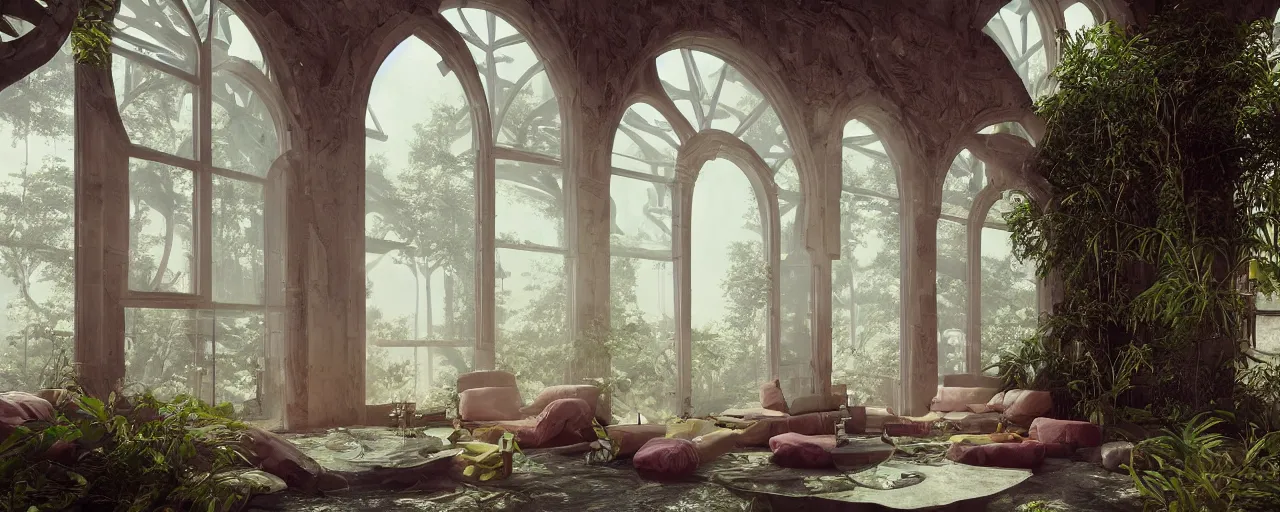 Image similar to Futuristic Roman room arched windows with view of a forest outside::1, bright neon lights, hanging plants, comfortable modern furniture, cinematic, octane render, dreamlike, psychedelic, otherworldly, weird, vaporwave, interesting details, volumetric lighting, dramatic, fantasy, by Moebius, by zdzisław beksiński, Fantasy LUT, epic composition, 8k,